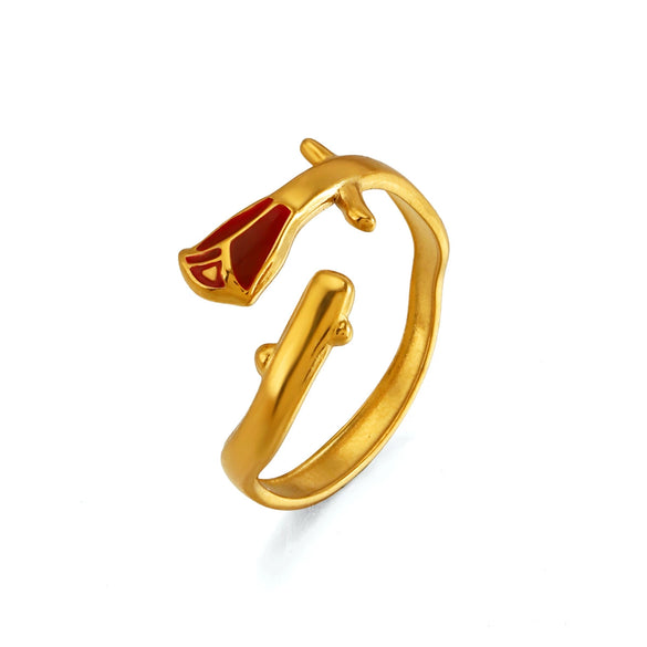 Women's Stainless Steel Gold Plated Oil Drip Flower Ring Sweet Stylish Floral Rose Design