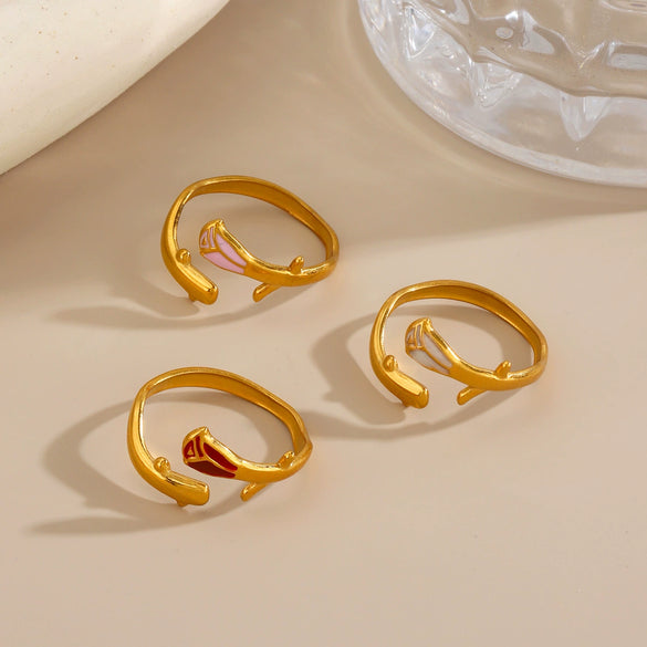 Women's Stainless Steel Gold Plated Oil Drip Flower Ring Sweet Stylish Floral Rose Design