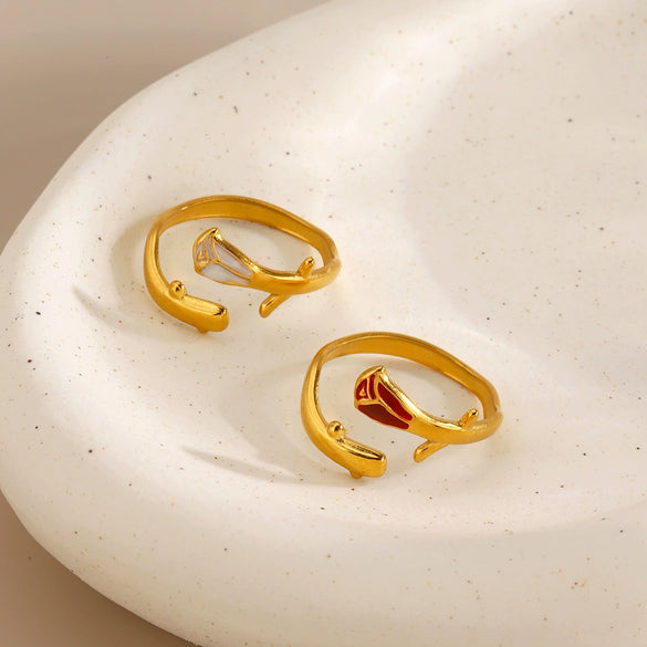 Women's Stainless Steel Gold Plated Oil Drip Flower Ring Sweet Stylish Floral Rose Design
