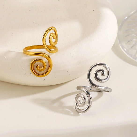 Women's Stainless Steel Gold Plated Open Spiral Ring With Minimalist Geometric Line Design And Polished Fashion Style