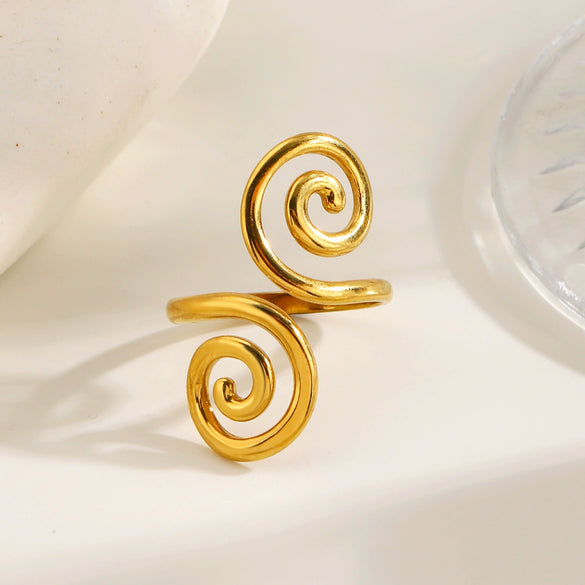 Women's Stainless Steel Gold Plated Open Spiral Ring With Minimalist Geometric Line Design And Polished Fashion Style