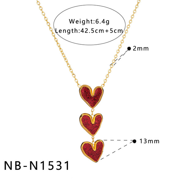 Women's Stainless Steel Gold Plated Resin Heart Pendant Necklace Bracelet And Earring Set With Geometric Style