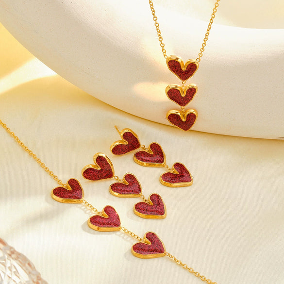 Women's Stainless Steel Gold Plated Resin Heart Pendant Necklace Bracelet And Earring Set With Geometric Style