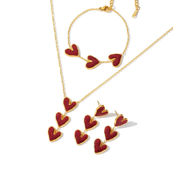 Women's Stainless Steel Gold Plated Resin Heart Pendant Necklace Bracelet And Earring Set With Geometric Style
