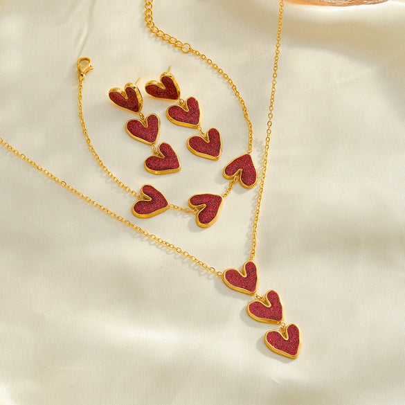 Women's Stainless Steel Gold Plated Resin Heart Pendant Necklace Bracelet And Earring Set With Geometric Style