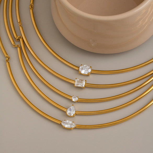 Women's Stainless Steel Gold Tone Necklace With Geometric Zircon Pendant Modern Minimalist Regular Chain Jewelry