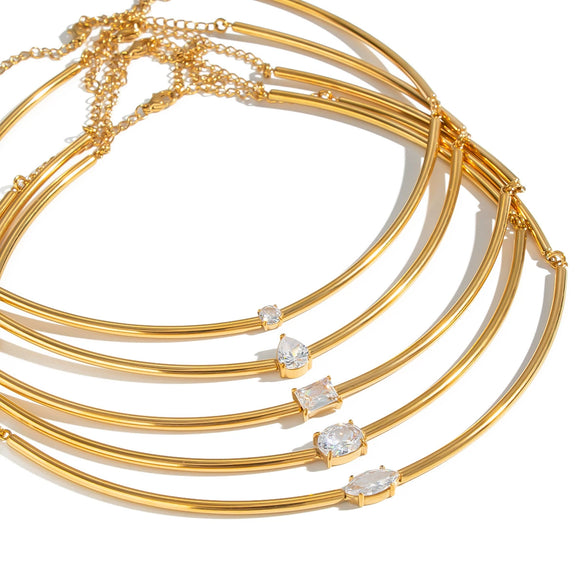 Women's Stainless Steel Gold Tone Necklace With Geometric Zircon Pendant Modern Minimalist Regular Chain Jewelry