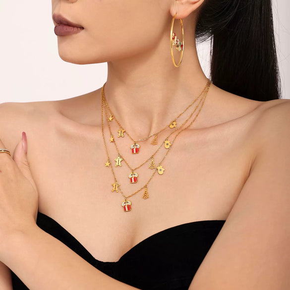 Women's Stainless Steel Goldplated Christmas Necklace And Earrings Set With Enamel Floral Design And Zircon Accents