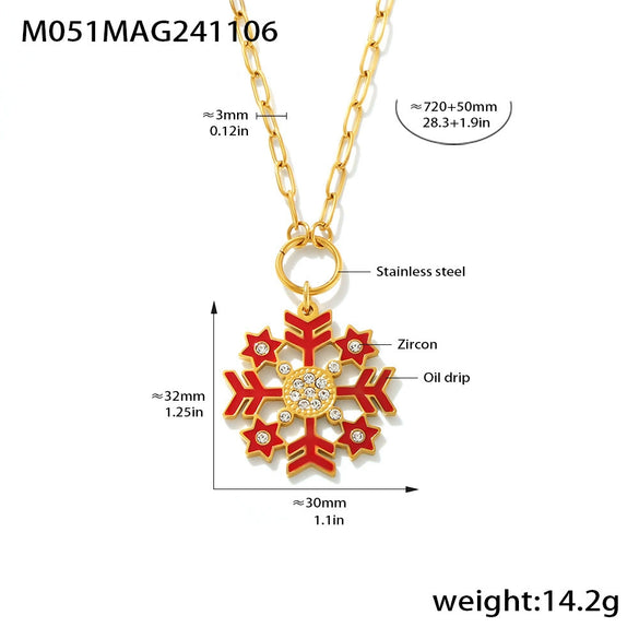 Women's Stainless Steel Goldplated Christmas Necklace And Earrings Set With Enamel Floral Design And Zircon Accents