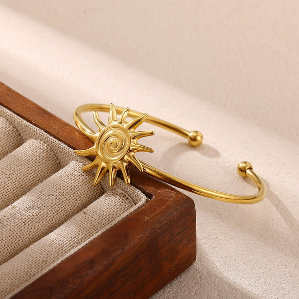 Women's Stainless Steel Goldplated Cshaped Open Bangle With Flower Heart Sun Bee And Pearl Details