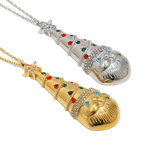 Women's Stainless Steel Goldplated Geometric Pendant Necklace With Colorful Diamond Christmas Hat Design