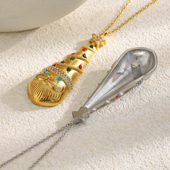 Women's Stainless Steel Goldplated Geometric Pendant Necklace With Colorful Diamond Christmas Hat Design