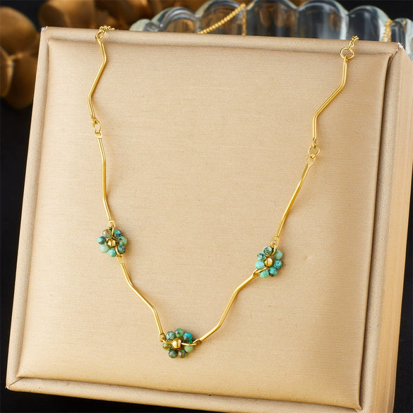 Women's Stainless Steel Goldplated Necklace With Irregular Twisted Flower Beaded Design And Electroplating Process