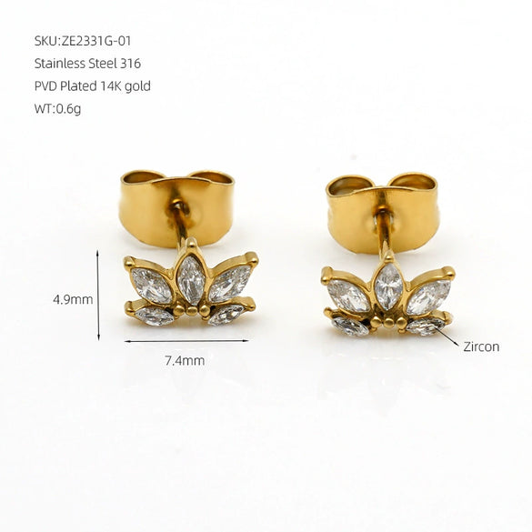 Women's 316 Stainless Steel Goldtone Zircon Earrings With Geometric Petal Floral Design And Light Luxury Style