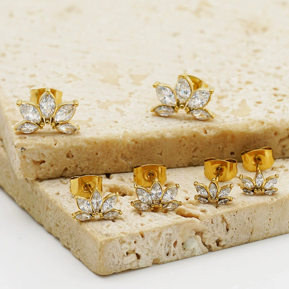 Women's 316 Stainless Steel Goldtone Zircon Earrings With Geometric Petal Floral Design And Light Luxury Style