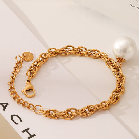 Women's Stainless Steel Handmade Pearl Chain Bracelet With Geometric Pattern Electroplated And Vacuum Plated