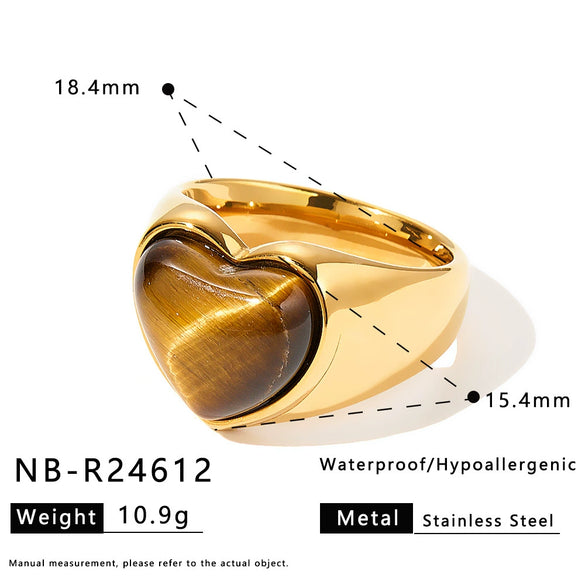 Women's Stainless Steel Heart And Drop Shape Ring With Tiger Eye Stone Retro Light Luxury Electroplated Non Fading Fashion Jewelry