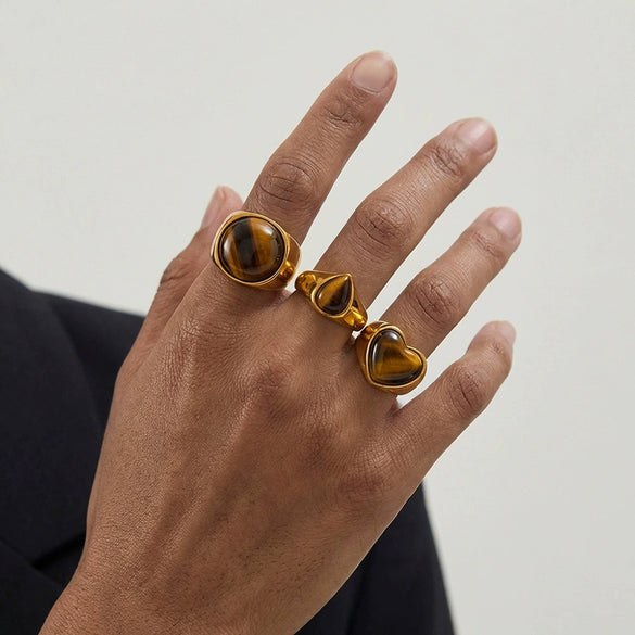 Women's Stainless Steel Heart And Drop Shape Ring With Tiger Eye Stone Retro Light Luxury Electroplated Non Fading Fashion Jewelry