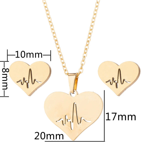 Women's Stainless Steel Heart And Electrocardiogram Jewelry Set With Geometric Earrings And Heart Pendant Necklace