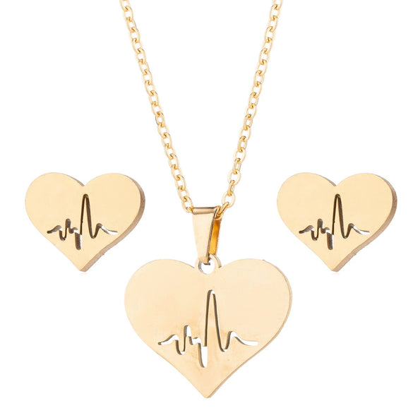 Women's Stainless Steel Heart And Electrocardiogram Jewelry Set With Geometric Earrings And Heart Pendant Necklace