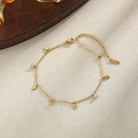 Women's Stainless Steel Heart Cross Pendant Anklet With Gold Tone Finish Star Pattern And Glass Diamond Accents On A Thin Chain