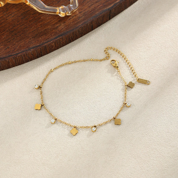 Women's Stainless Steel Heart Cross Pendant Anklet With Gold Tone Finish Star Pattern And Glass Diamond Accents On A Thin Chain
