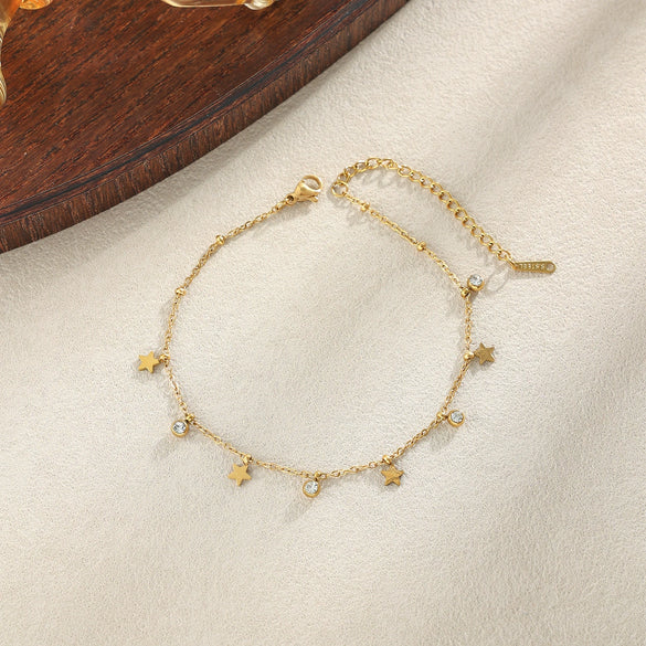 Women's Stainless Steel Heart Cross Pendant Anklet With Gold Tone Finish Star Pattern And Glass Diamond Accents On A Thin Chain