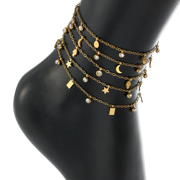 Women's Stainless Steel Heart Cross Pendant Anklet With Gold Tone Finish Star Pattern And Glass Diamond Accents On A Thin Chain