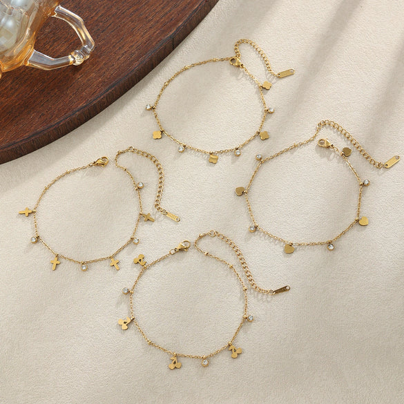 Women's Stainless Steel Heart Cross Pendant Anklet With Gold Tone Finish Star Pattern And Glass Diamond Accents On A Thin Chain