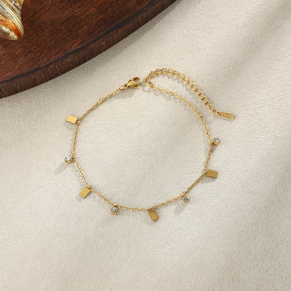 Women's Stainless Steel Heart Cross Pendant Anklet With Gold Tone Finish Star Pattern And Glass Diamond Accents On A Thin Chain