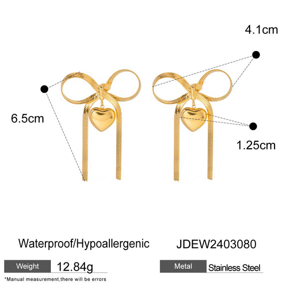 Women's Stainless Steel Heart Pattern Bow Series Earrings Necklace Ring With Butterfly Tassel And Electroplating