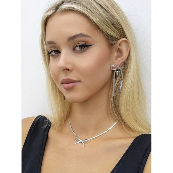 Women's Stainless Steel Heart Pattern Bow Series Earrings Necklace Ring With Butterfly Tassel And Electroplating