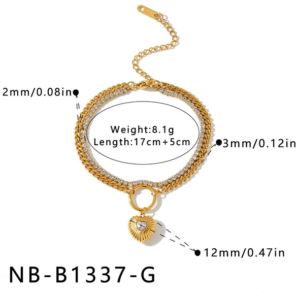 Women's Stainless Steel Heart Pattern Bracelet With Zircon Rhinestones 18K Gold Vacuum Plated Geometric Chain Jewelry