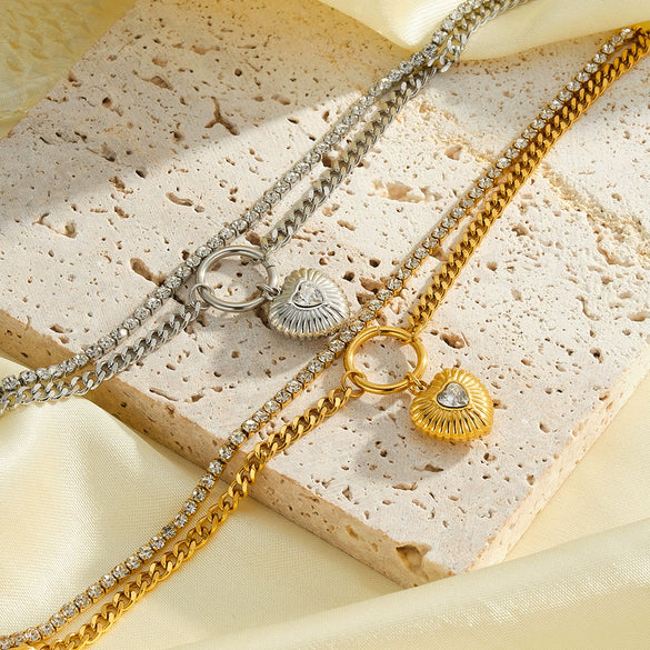 Women's Stainless Steel Heart Pattern Bracelet With Zircon Rhinestones 18K Gold Vacuum Plated Geometric Chain Jewelry