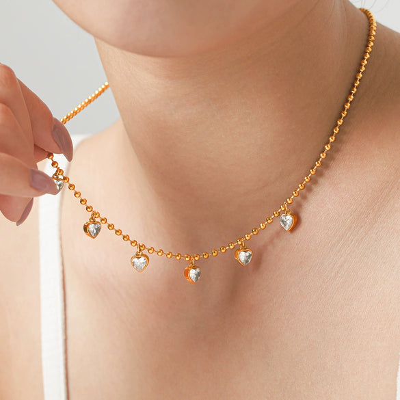 Women’s Stainless Steel Heart Pendant Necklace With Zircon Accent Pvd Vacuum Gold Plated Ins Style Regular Chain
