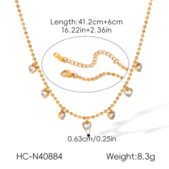 Women’s Stainless Steel Heart Pendant Necklace With Zircon Accent Pvd Vacuum Gold Plated Ins Style Regular Chain