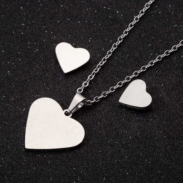 Women's Stainless Steel Heart Pendant Ochain Necklace And Matching Earrings Set With Electroplated Finish