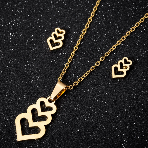 Women's Stainless Steel Heart Pendant Ochain Necklace And Matching Earrings Set With Electroplated Finish