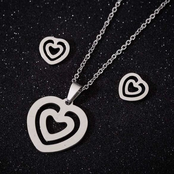 Women's Stainless Steel Heart Pendant Ochain Necklace And Matching Earrings Set With Electroplated Finish