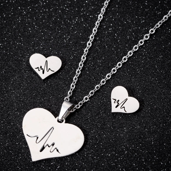 Women's Stainless Steel Heart Pendant Ochain Necklace And Matching Earrings Set With Electroplated Finish