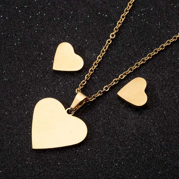 Women's Stainless Steel Heart Pendant Ochain Necklace And Matching Earrings Set With Electroplated Finish
