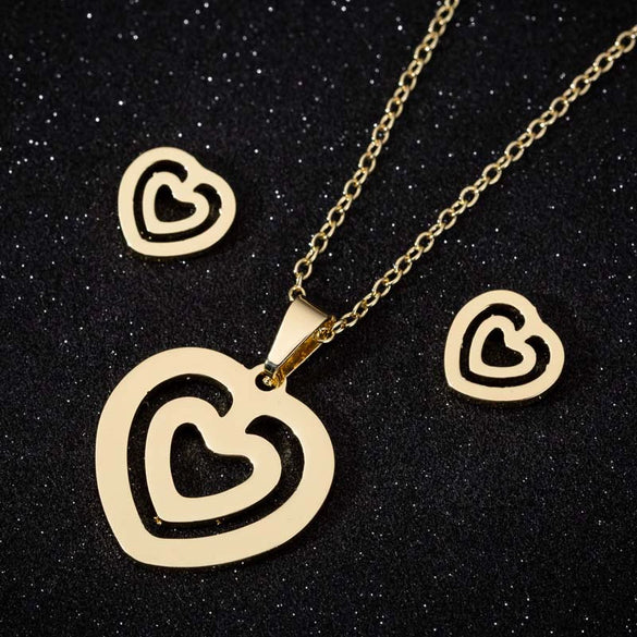 Women's Stainless Steel Heart Pendant Ochain Necklace And Matching Earrings Set With Electroplated Finish