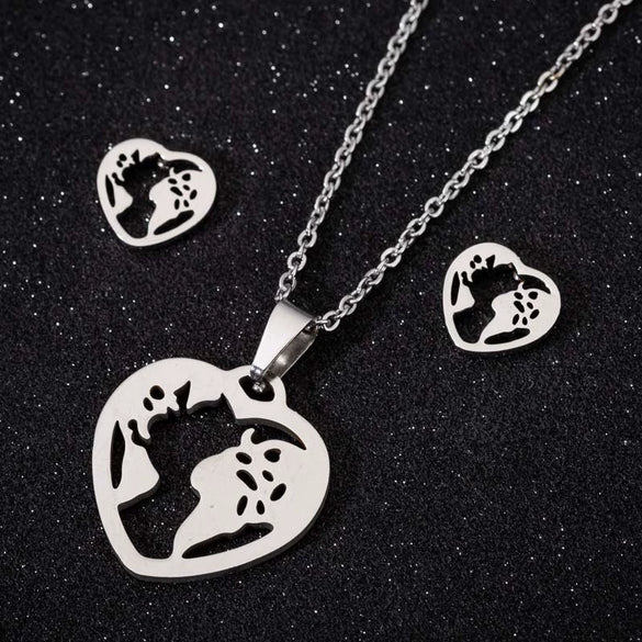 Women's Stainless Steel Heart Pendant Ochain Necklace And Matching Earrings Set With Electroplated Finish
