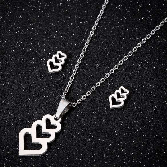 Women's Stainless Steel Heart Pendant Ochain Necklace And Matching Earrings Set With Electroplated Finish