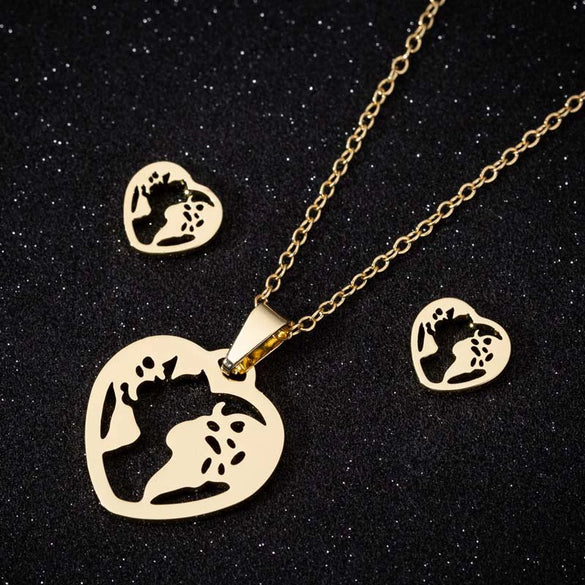 Women's Stainless Steel Heart Pendant Ochain Necklace And Matching Earrings Set With Electroplated Finish