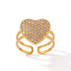 Women's Stainless Steel Heart Ring Geometric Open Adjustable Band With Full Rhinestone Inlay Pvd Gold Plated Fashion Jewelry