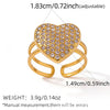 Women's Stainless Steel Heart Ring Geometric Open Adjustable Band With Full Rhinestone Inlay Pvd Gold Plated Fashion Jewelry