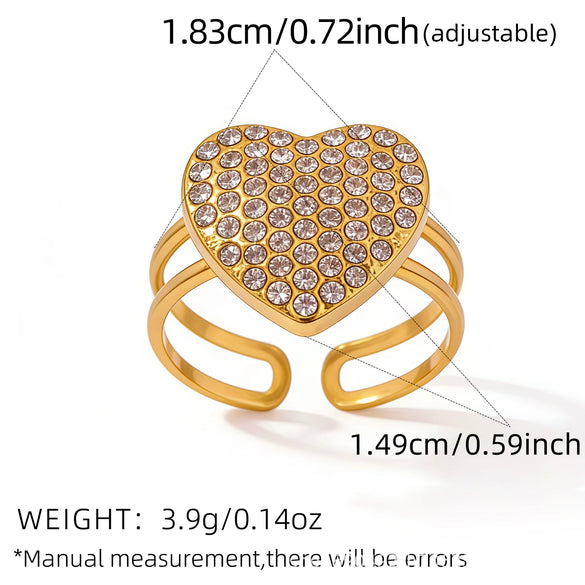 Women's Stainless Steel Heart Ring Geometric Open Adjustable Band With Full Rhinestone Inlay Pvd Gold Plated Fashion Jewelry
