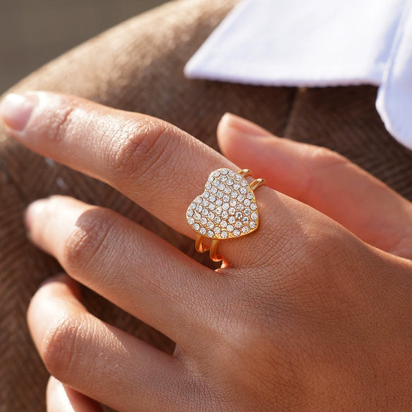Women's Stainless Steel Heart Ring Geometric Open Adjustable Band With Full Rhinestone Inlay Pvd Gold Plated Fashion Jewelry