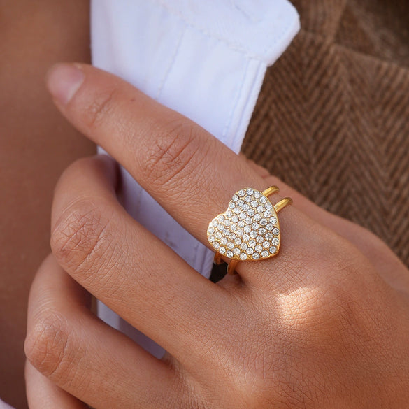 Women's Stainless Steel Heart Ring Geometric Open Adjustable Band With Full Rhinestone Inlay Pvd Gold Plated Fashion Jewelry